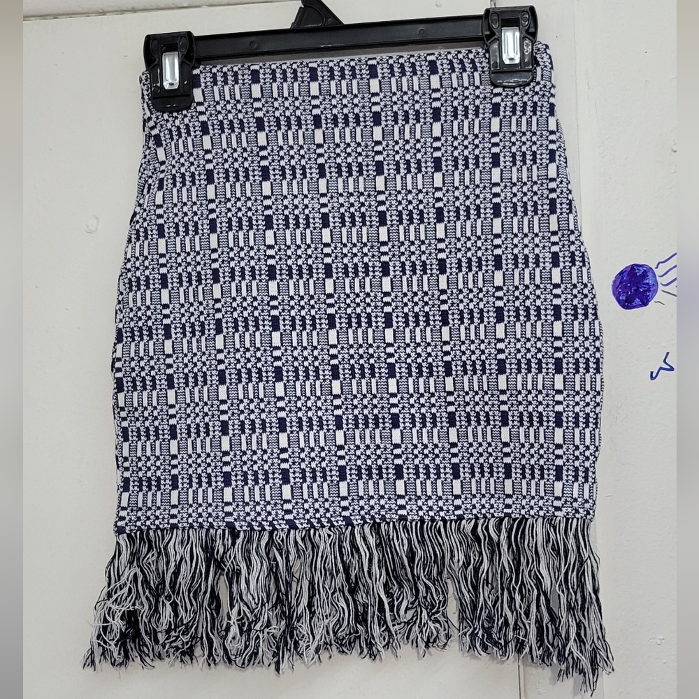 Zara Woman's Tweed Mini Skirt with Fringe Stretch Navy White Check Size Small - Picture 4 of 4